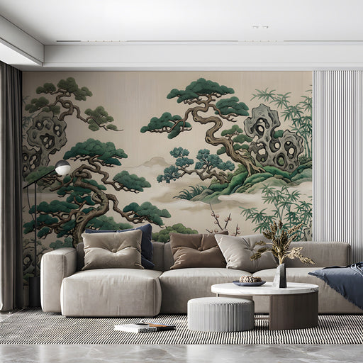 A cozy living room with a Chinoiserie pine and bamboo wallpaper accent wall behind a dark wooden bookshelf.