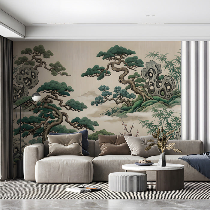 A cozy living room with a Chinoiserie pine and bamboo wallpaper accent wall behind a dark wooden bookshelf.