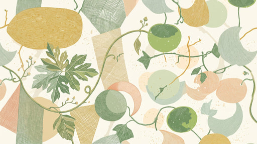 Botanical sketch wallpaper with ochre fruit and sage green vines on cream background