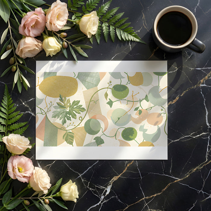 Relaxing bedroom wall decorated with artistic vine pattern and geometric shapes