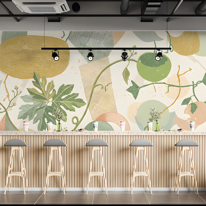Bright cafe featuring a contemporary botanical mural wallpaper
