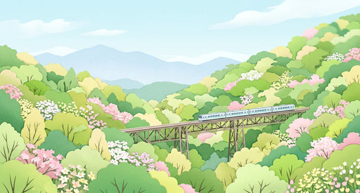 Illustration of a train crossing a bridge over a lush mountain forest with cherry blossoms in a paper-cut art style