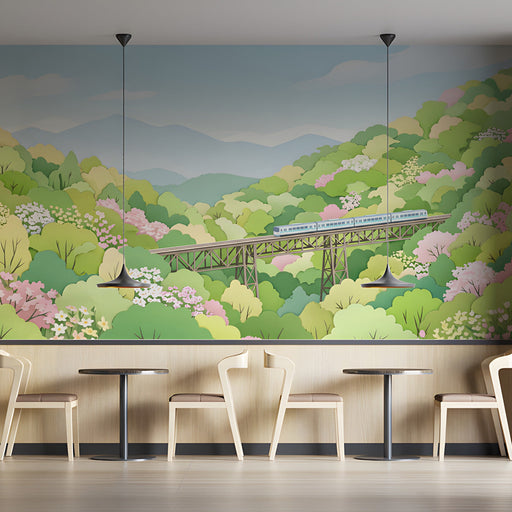 Soft landscape wall mural installed in a cozy bar with floral accents