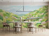 Scenic train wallpaper installed in a bright modern meeting room with light wood furniture