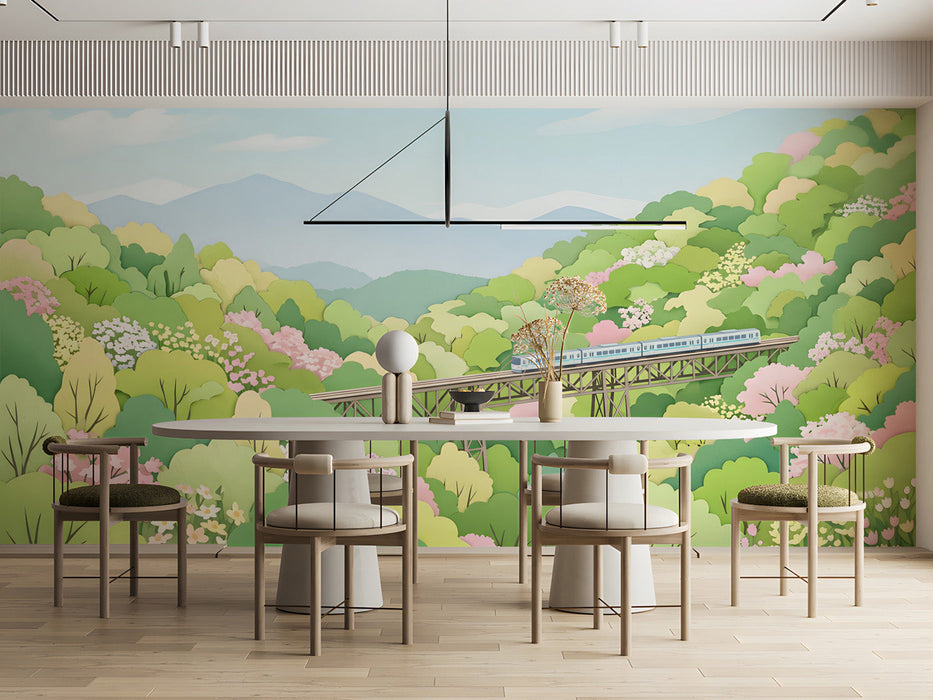 Scenic train wallpaper installed in a bright modern meeting room with light wood furniture
