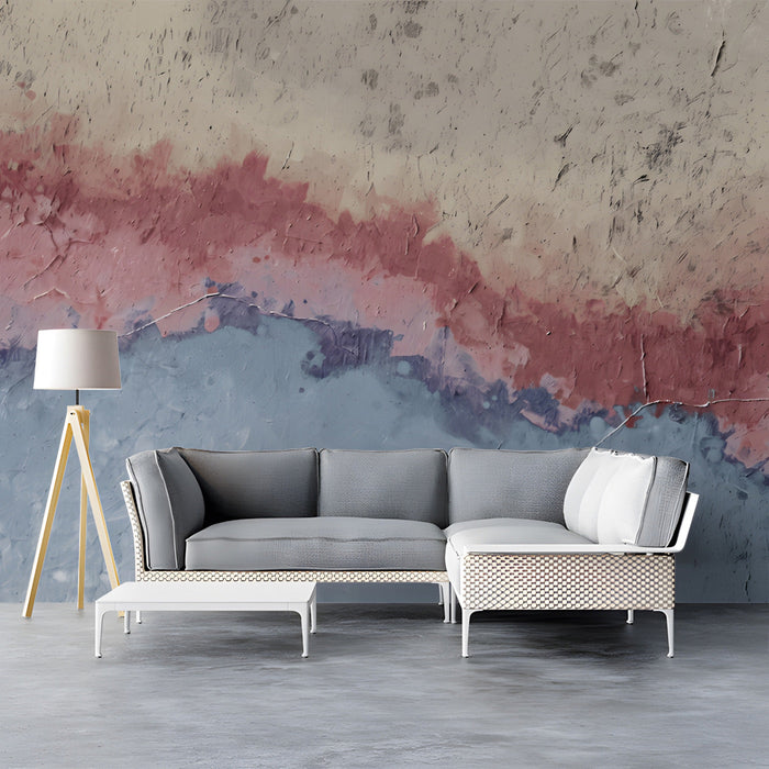 A calm, sophisticated study room with an abstract painted landscape mural above a dark wood desk.