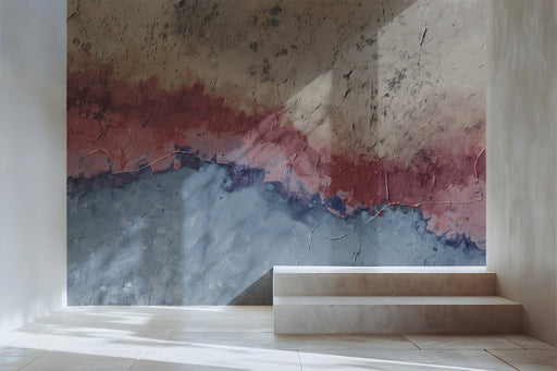 A cozy modern hallway featuring an abstract rose and blue horizon mural behind a minimalist bed frame.