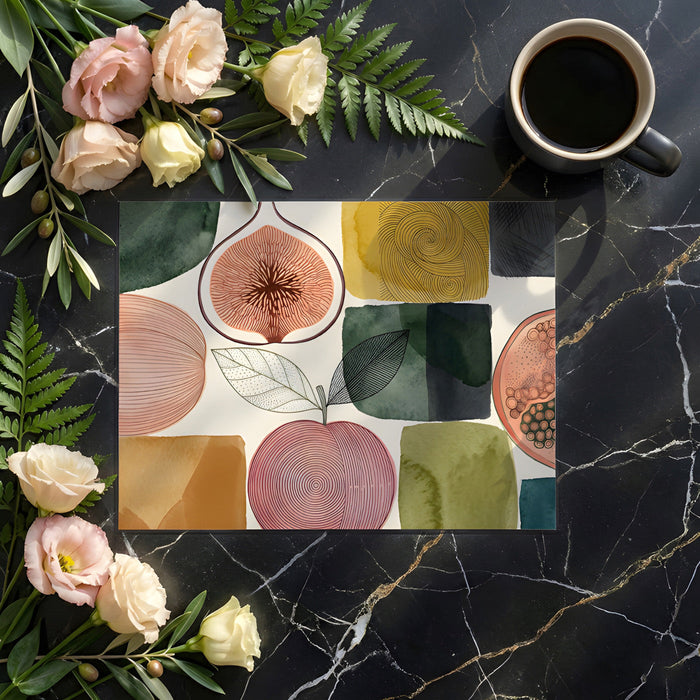 Chic dining room with an earthy watercolor fruit mural wallpaper behind a light oak table.