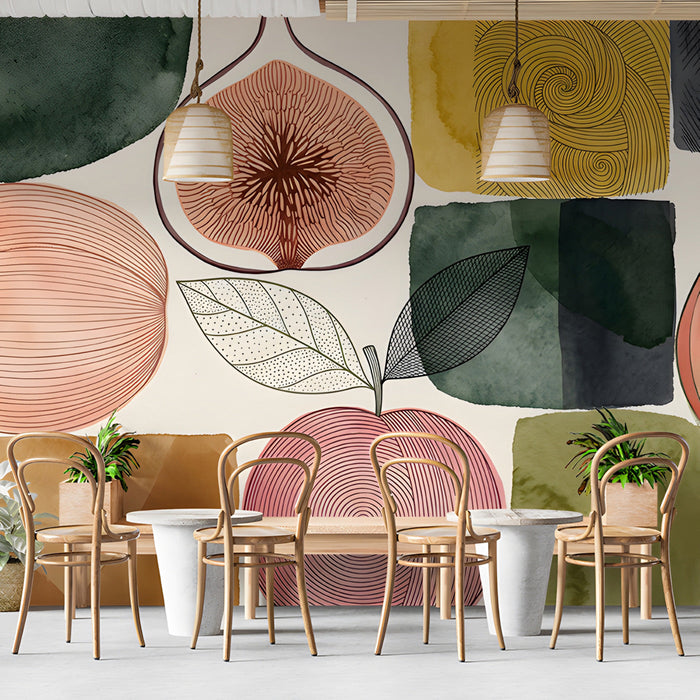 A cozy cafe wall decorated with a stylish botanical fruit pattern wallpaper.