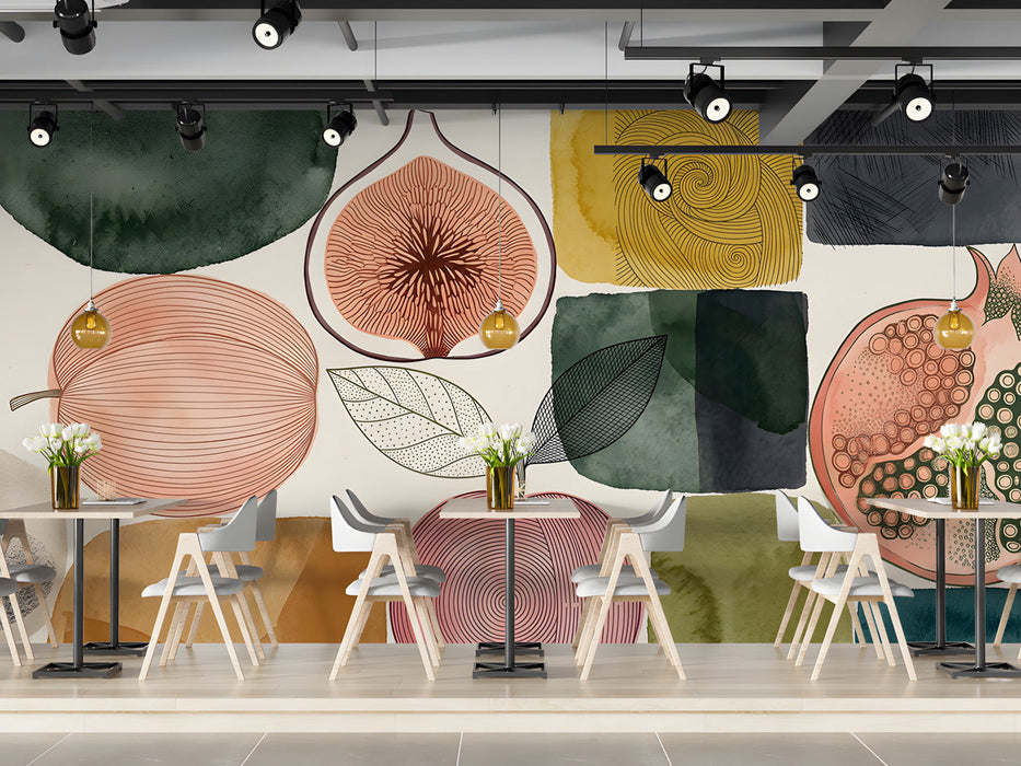 Modern bar featuring a fruit-themed artistic mural wallpaper with wooden cabinets.