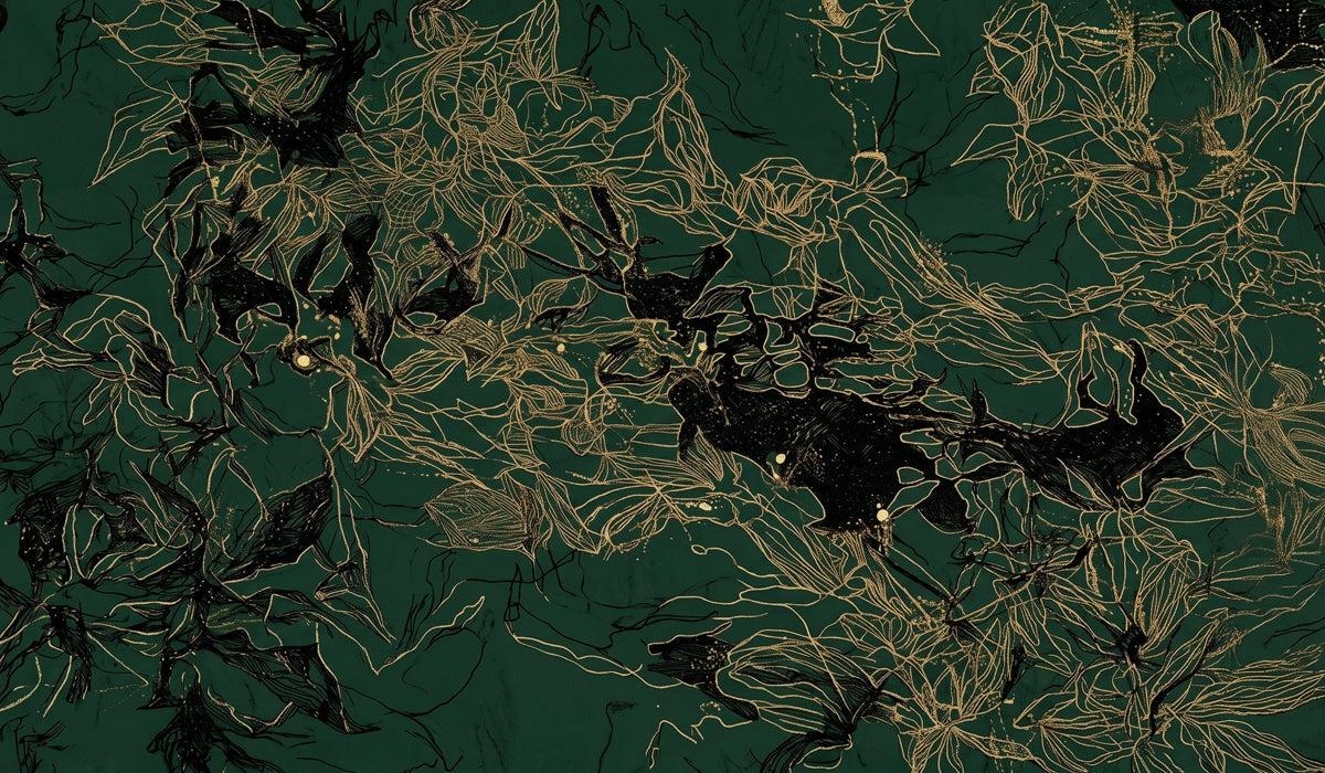 Abstract botanical wallpaper with delicate gold lines and black ink clusters on a deep forest green background