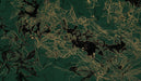 Abstract botanical wallpaper with delicate gold lines and black ink clusters on a deep forest green background