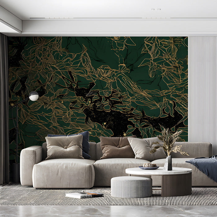 Cozy living room space with elegant dark floral wallpaper and warm ambient lighting