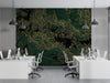 Moody Office featuring dark botanical mural wallpaper behind a plush velvet headboard