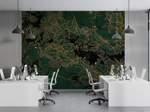 Moody Office featuring dark botanical mural wallpaper behind a plush velvet headboard