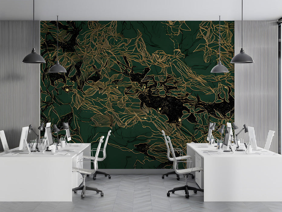 Moody Office featuring dark botanical mural wallpaper behind a plush velvet headboard