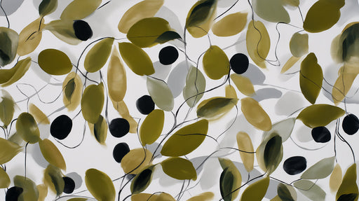 Painterly olive branch pattern in moss green, ochre, and charcoal on white background