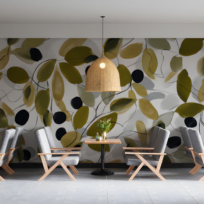 Bright restaurant space with nature-inspired botanical wallpaper accent wall