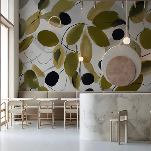 Modern cafe featuring an olive branch botanical mural on the feature wall