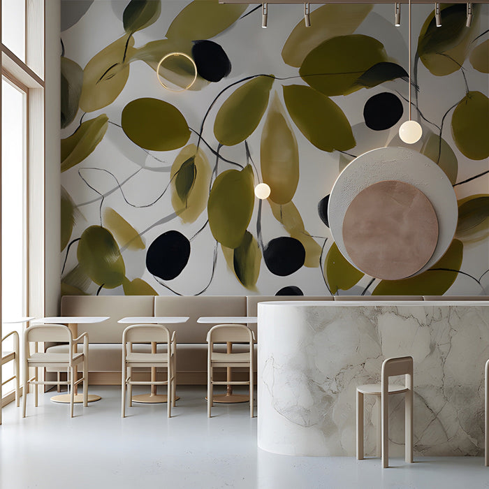 Modern cafe featuring an olive branch botanical mural on the feature wall