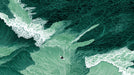 Intricate ink-style wave pattern in deep forest green and mint with a lone surfer motif