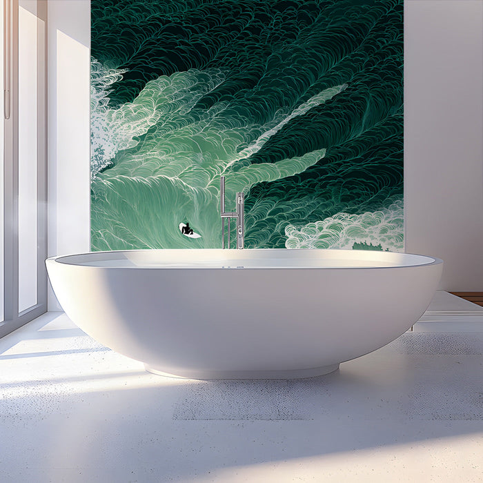 Relaxed bathroom setting with a large-scale wave pattern on an accent wall