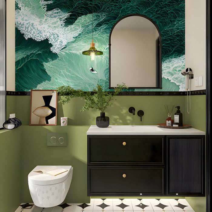 Modern washroom featuring an artistic ocean wave mural on the main wall