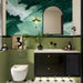 Modern washroom featuring an artistic ocean wave mural on the main wall