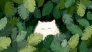 A whimsical illustration of a sleeping white cat surrounded by dense green tropical leaves on a dark background.