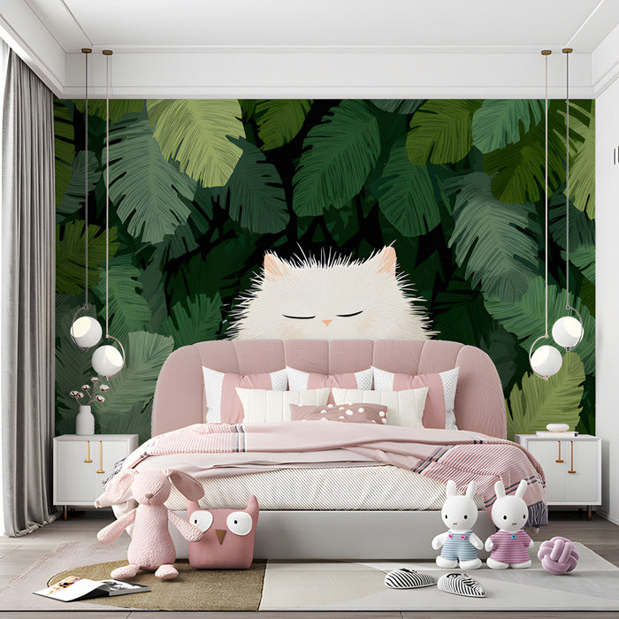 A creative bedroom space decorated with a lush tropical cat mural for a relaxing work environment.
