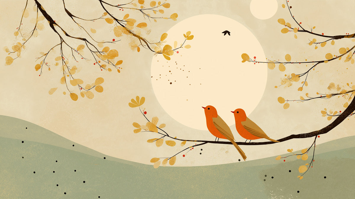 Two orange birds on branches with ochre leaves and a large moon against a sage and cream background