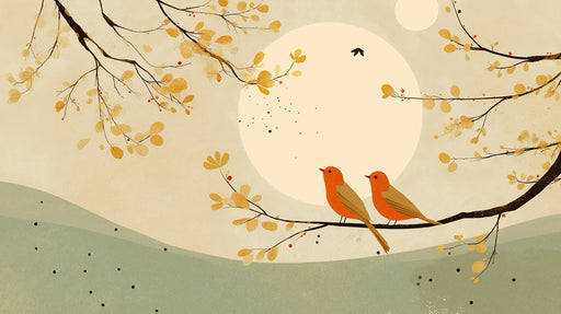 Two orange birds on branches with ochre leaves and a large moon against a sage and cream background