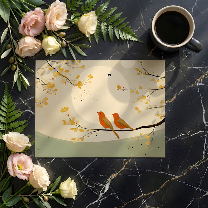 Modern dining room featuring a soft ochre and sage mural wallpaper design