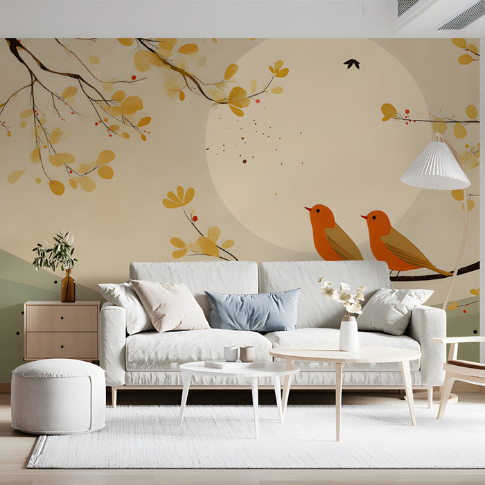 Minimalist living room wall decorated with a delicate autumn bird mural illustration