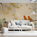 Minimalist living room wall decorated with a delicate autumn bird mural illustration