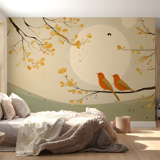 Bird and nature themed wallpaper installed in a peaceful bedroom