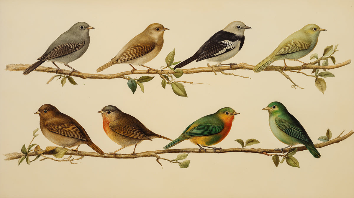 Vintage ornithology wallpaper with eight detailed bird illustrations in earth tones on an aged paper background