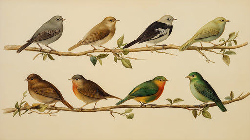 Vintage ornithology wallpaper with eight detailed bird illustrations in earth tones on an aged paper background