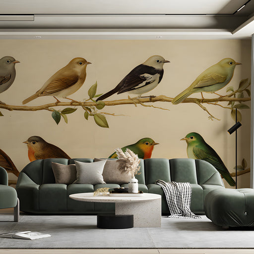 A cozy home library featuring a bird study wallpaper behind dark wooden bookshelves and a reading chair