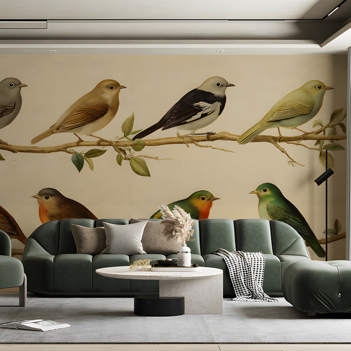 A cozy home library featuring a bird study wallpaper behind dark wooden bookshelves and a reading chair