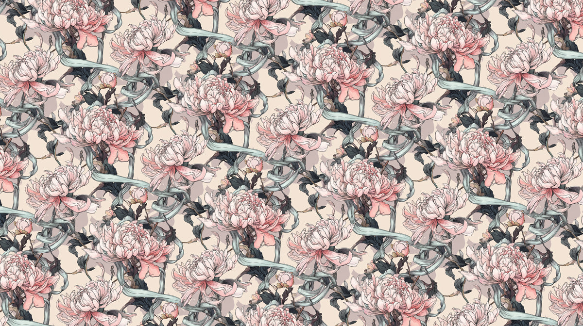 Floral wallpaper pattern featuring blush chrysanthemum flowers and flowing seafoam ribbons on a beige background.