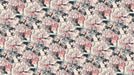 Floral wallpaper pattern featuring blush chrysanthemum flowers and flowing seafoam ribbons on a beige background.