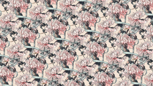 Floral wallpaper pattern featuring blush chrysanthemum flowers and flowing seafoam ribbons on a beige background.