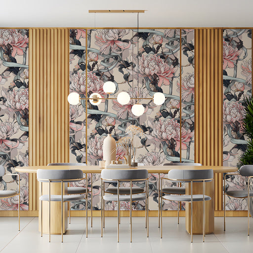 Dressing room space accented with a detailed floral botanical mural wallpaper.
