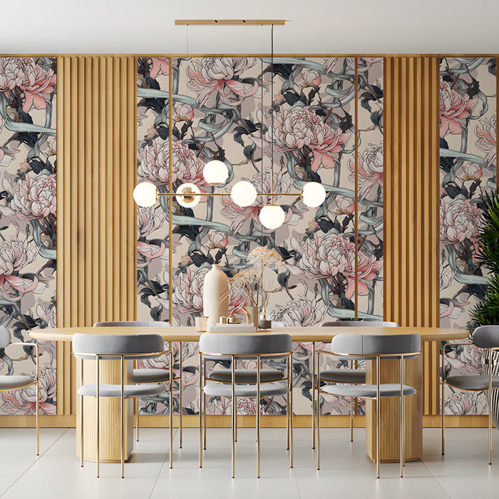 Dressing room space accented with a detailed floral botanical mural wallpaper.