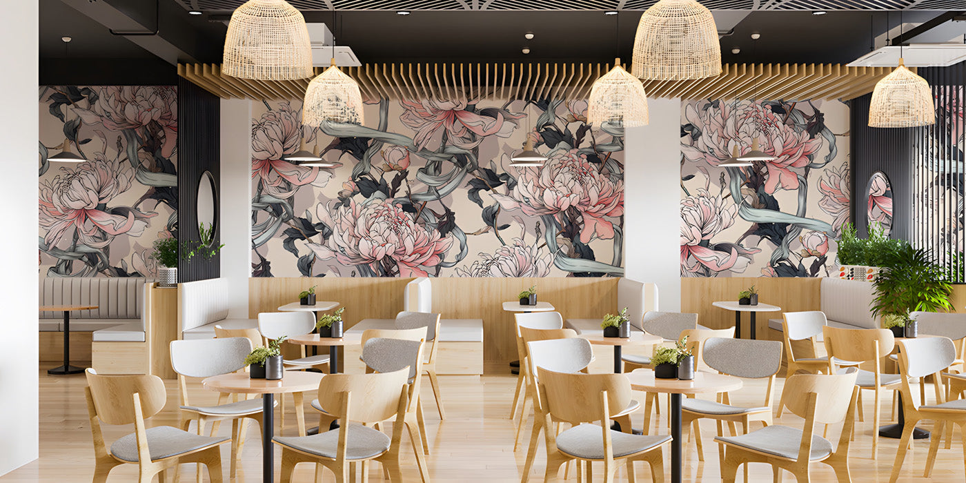 Floral bedroom wall mural with blush chrysanthemums, creating a soft and romantic aesthetic.