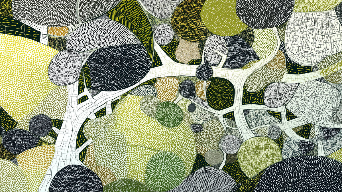 Abstract forest mural wallpaper featuring stippled foliage in forest green, charcoal, and ochre yellow.