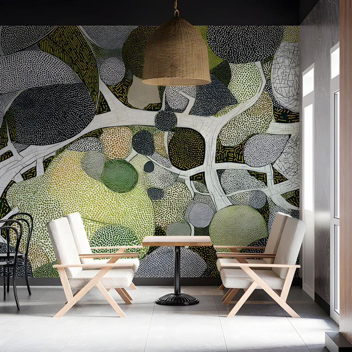 Creative cafe interior showcasing a detailed botanical dot-art mural on a feature wall.