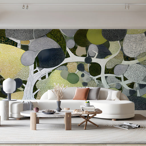 Modern living room featuring an abstract forest canopy mural behind a low-profile walnut bed.