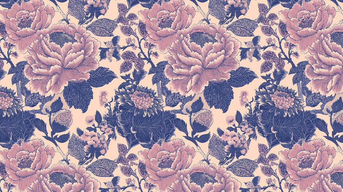 Vintage peony flower mural wallpaper with ink-wash navy leaves and soft blush pink petals on a cream background